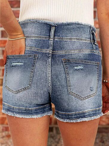 Flamingals Women's Denim Shorts Raw Hem Button Down Mid Rise Straight Leg Jean Shorts in Kuwait
