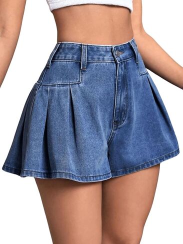 MakeMeChic Women's Pleated Denim Shorts Zip Fly Button Wide Leg Flared Jean Skort in Saudi Arabia