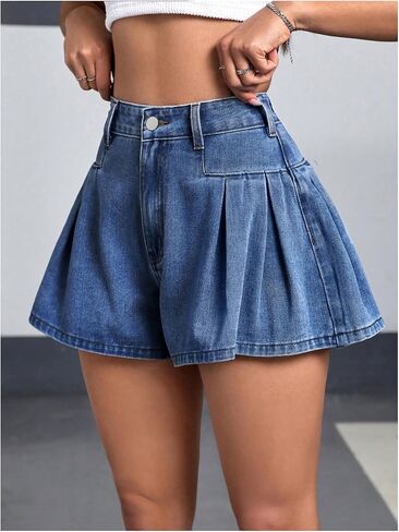 MakeMeChic Women's Pleated Denim Shorts Zip Fly Button Wide Leg Flared Jean Skort in Saudi Arabia
