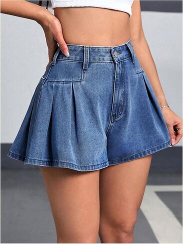 MakeMeChic Women's Pleated Denim Shorts Zip Fly Button Wide Leg Flared Jean Skort in Saudi Arabia