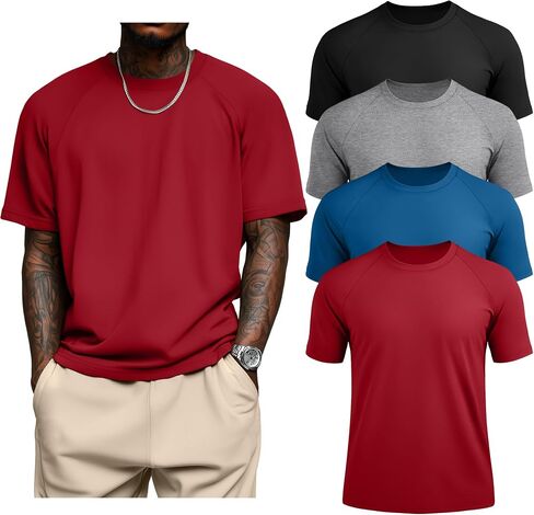 4 Pack Men's Big & Tall Short Sleeve Tees, Crew Neck Cotton Blend Shirts Moisture Wicking Gym Casual Tops Multipack in Saudi Arabia