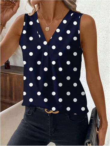 SOLY HUX Women's Casual Polka Dots Tank Tops Summer V Neck Sleeveless Tunic Shirts Office Work Blouse in Kuwait