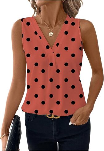 SOLY HUX Women's Casual Polka Dots Tank Tops Summer V Neck Sleeveless Tunic Shirts Office Work Blouse in Kuwait