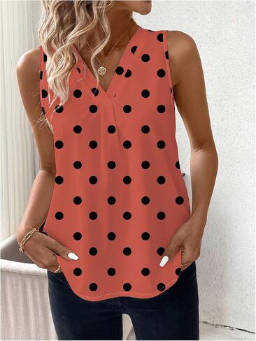 SOLY HUX Women's Casual Polka Dots Tank Tops Summer V Neck Sleeveless Tunic Shirts Office Work Blouse in Kuwait