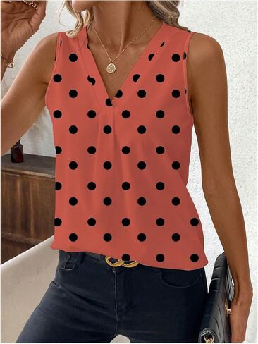 SOLY HUX Women's Casual Polka Dots Tank Tops Summer V Neck Sleeveless Tunic Shirts Office Work Blouse in Kuwait
