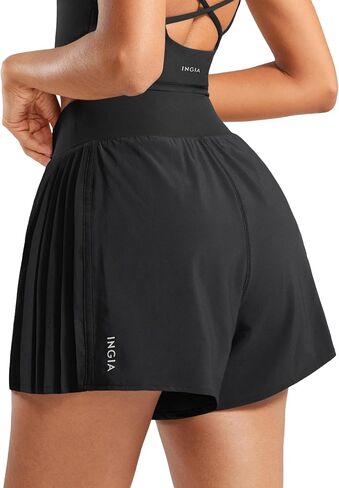 Womens 2 in 1 Flowy Athletic Shorts Pleated Skort Flared A-Line with Pockets 4" Built in Shorts for Tennis Running in Saudi Arabia