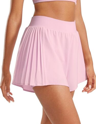 Womens 2 in 1 Flowy Athletic Shorts Pleated Skort Flared A-Line with Pockets 4" Built in Shorts for Tennis Running in Saudi Arabia
