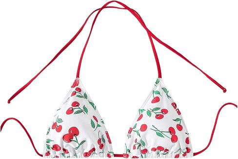 WDIRARA Women's Cute Cherry Graphic Triangle Bikini Tops Halter Micro Swimsuit Top in Kuwait