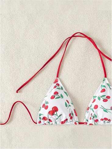 WDIRARA Women's Cute Cherry Graphic Triangle Bikini Tops Halter Micro Swimsuit Top in Kuwait