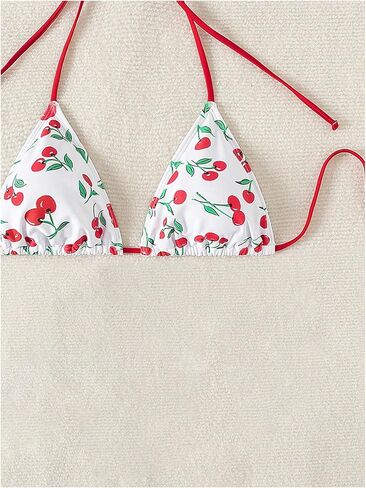 WDIRARA Women's Cute Cherry Graphic Triangle Bikini Tops Halter Micro Swimsuit Top in Kuwait