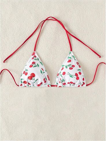 WDIRARA Women's Cute Cherry Graphic Triangle Bikini Tops Halter Micro Swimsuit Top in Kuwait