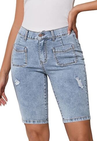 Summer Jean Shorts for Women Elastic High Waisted Ripped Casual Bermuda Shorts Mom Short in Saudi Arabia