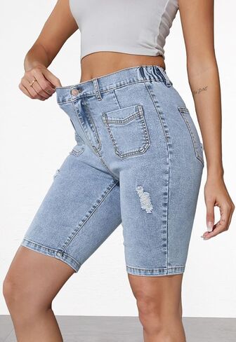 Summer Jean Shorts for Women Elastic High Waisted Ripped Casual Bermuda Shorts Mom Short in Saudi Arabia