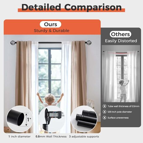 jinchan Black Curtain Rods for Windows 18 to 45 Inch, 1 Inch Diameter Adjustable Heavy Duty Outdoor Curtain Rod with Twisted Cage Finials, Single in Saudi Arabia