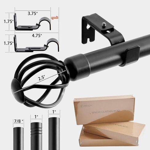 jinchan Black Curtain Rods for Windows 18 to 45 Inch, 1 Inch Diameter Adjustable Heavy Duty Outdoor Curtain Rod with Twisted Cage Finials, Single in Saudi Arabia