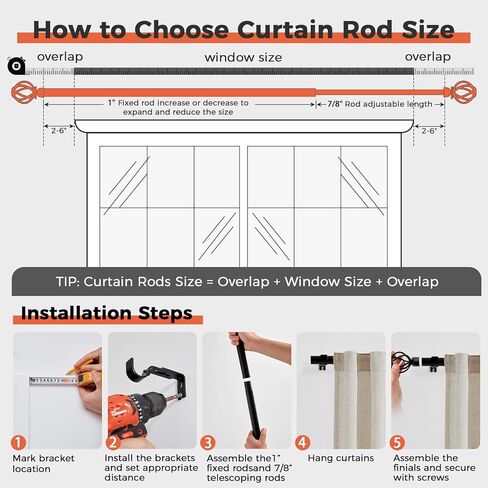 jinchan Black Curtain Rods for Windows 18 to 45 Inch, 1 Inch Diameter Adjustable Heavy Duty Outdoor Curtain Rod with Twisted Cage Finials, Single in Saudi Arabia
