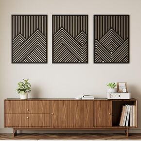 Yaofala 3 Pcs Large Wood Mountain Wall Art, 31.5" X 23" Modern Wooden Panel Mountain Wall Decor, Landscape Nature Abstract Line Minimalist Wall Art for Living Room Bedroom Study