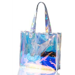 Woeoe Large Beach Clear Bag for Women Waterproof Iridescent Tote Bags Shoulder Handbag for Stadium Events Travel Pool