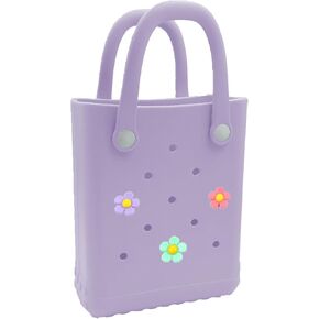 Mini Rubber Beach Tote Bag, 6.5x8.0x3.1 inches, Small Waterproof Beach Bag with Random Charms for Girls (Light Purple)