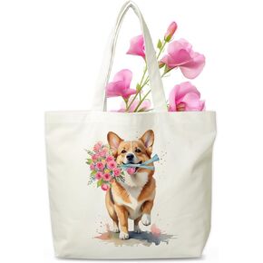 Dog Flowers Canvas Tote Bag, Corgi Aesthetic Grocery Bag, Floral Puppy Beach Bag Gifts For Women Dog Mom Dog Owner Dog Lovers Friends Family, Funny Doggie Reusable Shopping Bag, 03