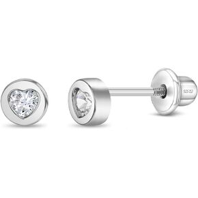 925 Sterling Silver Heart Cubic Zirconia Round Shaped Safety Screw Back Earrings For Girls - Small Round Heart Earrings For Children - Little Girls Love Heart Earrings