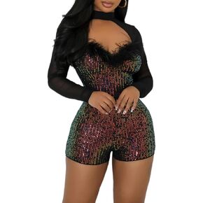 Women Sequin Bodcon Romper Mesh Long Sleeve Sexy Sparkly Jumpsuit Shorts Gliter Club Party Outfits