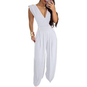 Ophestin Jumpsuits for Women Dressy Summer Sexy Wrap V Neck Buttons Wide Leg Pants Tank One Piece Jumpsuits Rompers