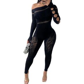 Long Sleeve Jumpsuit for Women, Sexy Mesh Jumpsuit See Through Bodycon Romper Party Club