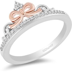 Jewelili Enchanted Disney Fine Jewelry 14K Rose Gold over Sterling Silver with 1/10 CTTW Diamond Snow White Bow Ring
