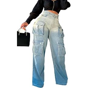 Vaceky Stretch Baggy Jeans Women High Waist Straight Leg Y2K Denim Cargo Pants in Kuwait