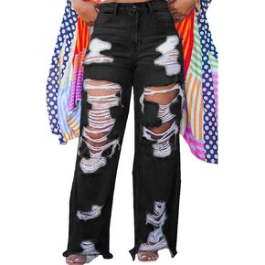 HuiSiFang Women's Ripped Jeans High Waisted Straight Wide Leg Cut Out Destroyed Frayed Tassel Jeans Distressed Baggy Jeans