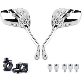 Chrome Skull Motorcycle Mirrors for Handlebars - 8MM、10MM、7/8 Inch Handle Bar Rear View Side Mirrors for Honda ATV Dirt Bike Scooter Kawasaki Cruiser Suzuki Victory and More