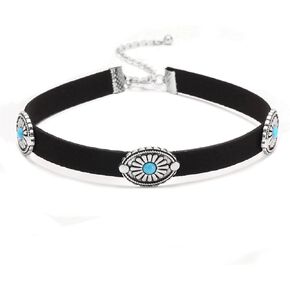 Western Choker Necklace for Women,Turquoise Choker Necklace,Black Leather Choker Boho Jewelry, Adjustable Suede Necklace,Bohemian Turquoise Floral Pendant Necklace,Jewelry Gifts for Women
