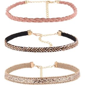 CrazyPiercing Choker Necklaces, Adjustable Collar Necklaces, Beaded Collar Necklace, Sequins Leather Velvet Chain Choker Necklace for Women Set of 3