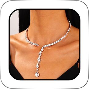 Rhinestone Neckalce Silver Sparkly Drop Long Diamond Choker Jewelry for Women
