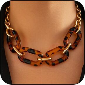 Chunky Gold Metal Acrylic Leopard Choker Necklace for Women, Unique Big Punk Collar Choker Necklace Paperclip Cuban Link Chain Prom Party Jewelry Gift