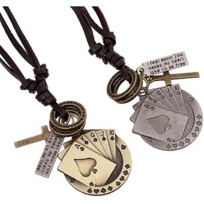 Yeahgoshopping Handmade Vintage Playing Poker Cards Pendant Necklace, Leather Cord, Bronze or Silver Cross Charm Europe Style for Unisex