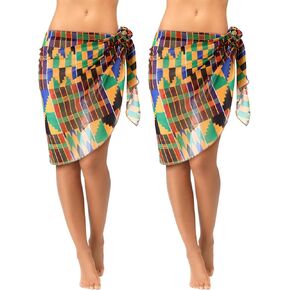 2 Pcs African Kente Cloth Women Sarong Swimsuit Coverups Beach Wrap Bathing Skirt African Sheer Bikini for Swimwear