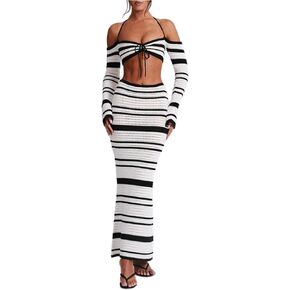 Crochet Knit 2 Piece Skirt Set for Women Knit Top Striped Bodycon Long Skirt Beach Cover Up Streetwear