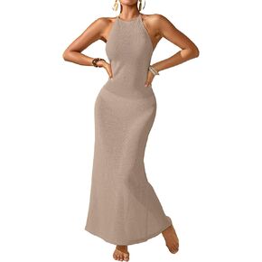 Womens Crochet Knit Slim Fit Beach Midi Wrap Dress Summer 2025 Sexy Halter Backless Slit Bathing Suit Cover Up