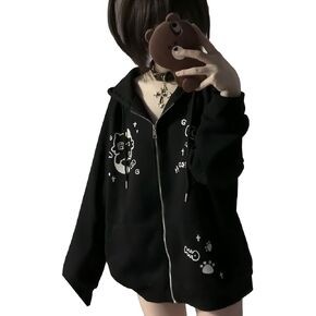 Womens Y2K Zip Up Cute Graphic Hoodies Cat Ears Casual Cartoon Harajuku Kawaii Clothes Oversize Streetwear Jacket