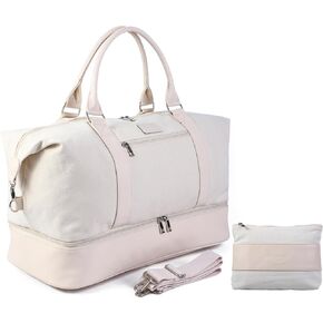 Weekender Travel Bag for Women & Men - Large Overnight Duffel Bag with Shoes Compartment & Toiletry Bag - Waterproof Weekender Bags as Personal Item for Air Travel, Gym, Weekend Getaways (Beige)