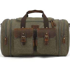 Imyth Retro Crazy Horse Leather Canvas Duffle Bag 60L Expandable Travel Bag for Airplanes (Coffee)