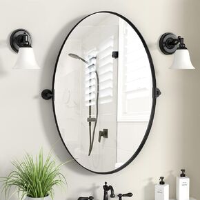 PIVOT OVAL MIRROR 18x28 بوصة سوداء مائلة الجدار مرايا الحمام الغرور غرفة المعيشة | إطار قابل للتعديل والزجاج المقاوم للتحطم