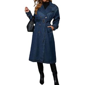 loveimgs Women Vintage Double Breasted Mid Long Denim Jacket Jean Trench Coat Duster Blazer Jacket Windbreaker Belt