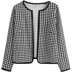 WDIRARA Women's Plus Size Houndstooth Open Front Long Sleeve Jacket Outerwear