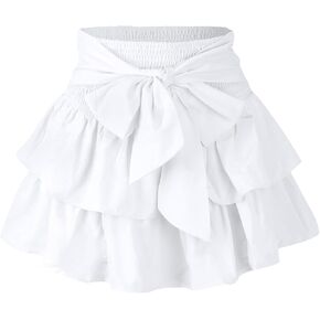Women's Bow Front Mini Skirt High Shirred Waist Layered Ruffle Hem Short Cake Skirts