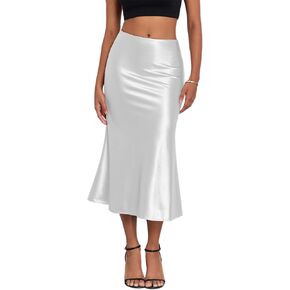 ZAFUL Women Satin Silk Midi Skirts Elegant High Waist Hidden Side Zipper Elastic Waist Flared A Line Skirts