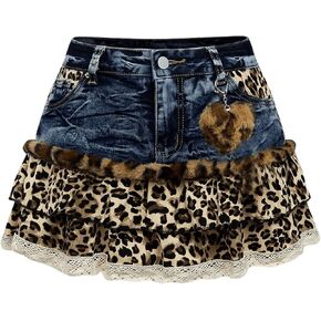 MakeMeChic Women's Y2K Leopard Print Lace Trim Denim Mini Skirt Fuzzy Ruffle Layered Skirts