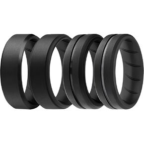 ROQ Silicone Rubber Wedding Ring for Men ، FIT Comfort ، شريط زفاف للرجال ، خاتم/شريط خطوبة المطاط للتنفس ، حافة الخطوة ، سميكة بعرض 8 مم ، 4 حزمة ، أسود ورمادي ، حجم 9